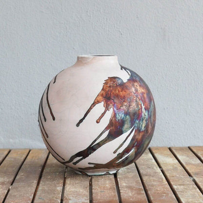 RAAQUU Large Globe Ceramic Vase Half Copper Matte S/N0000468 11" Raku Pottery Unique Handmade ceramic pottery raku vases, urns, and home decor, sculptures, wall decor, gifts by Adil Ghani