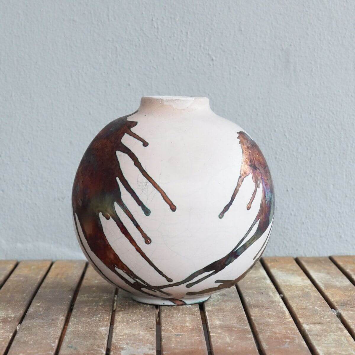 RAAQUU Large Globe Ceramic Vase Half Copper Matte S/N0000468 11" Raku Pottery Unique Handmade ceramic pottery raku vases, urns, and home decor, sculptures, wall decor, gifts by Adil Ghani