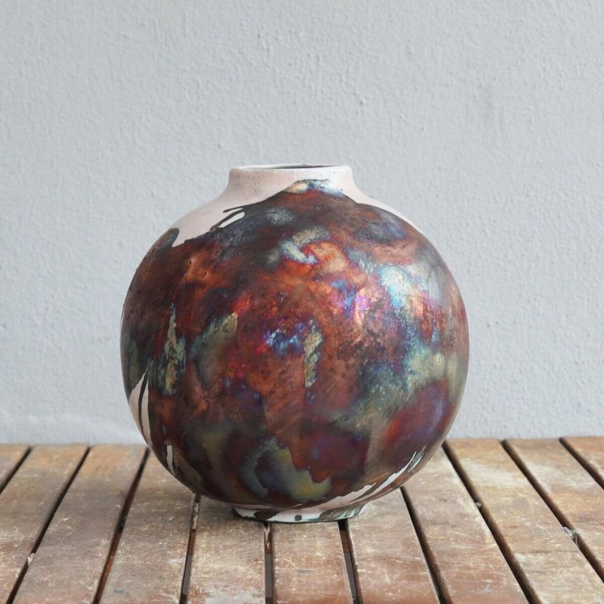 RAAQUU Large Globe Ceramic Vase Half Copper Matte S/N0000468 11" Raku Pottery Unique Handmade ceramic pottery raku vases, urns, and home decor, sculptures, wall decor, gifts by Adil Ghani