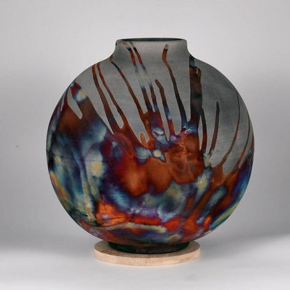 RAAQUU Large Globe Ceramic Vase Carbon Copper S/N0000581 11" Raku Pottery - RAAQUU