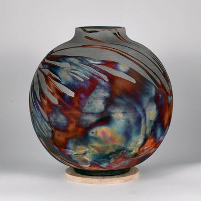 RAAQUU Large Globe Ceramic Vase Carbon Copper S/N0000581 11" Raku Pottery - RAAQUU