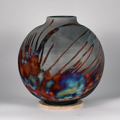 RAAQUU Large Globe Ceramic Vase Carbon Copper S/N0000581 11" Raku Pottery - RAAQUU
