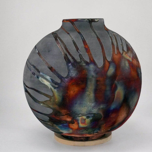 RAAQUU Large Globe Ceramic Vase Carbon Copper S/N0000646 11" Raku Pottery Unique Handmade ceramic pottery raku vases, urns, and home decor, sculptures, wall decor, gifts by Adil Ghani