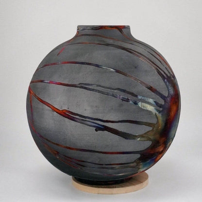 RAAQUU Large Globe Ceramic Vase Carbon Copper S/N0000646 11" Raku Pottery Unique Handmade ceramic pottery raku vases, urns, and home decor, sculptures, wall decor, gifts by Adil Ghani