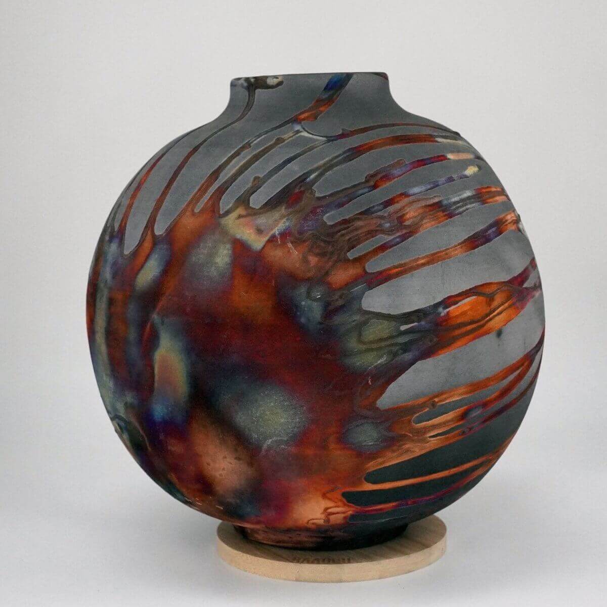 RAAQUU Large Globe Ceramic Vase Carbon Copper S/N0000646 11" Raku Pottery Unique Handmade ceramic pottery raku vases, urns, and home decor, sculptures, wall decor, gifts by Adil Ghani