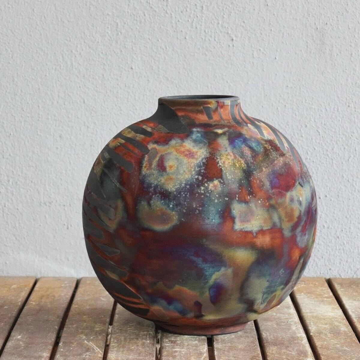 RAAQUU Large Globe Ceramic Vase Carbon Copper S/N0000426 11" Raku Pottery Unique Handmade ceramic pottery raku vases, urns, and home decor, sculptures, wall decor, gifts by Adil Ghani