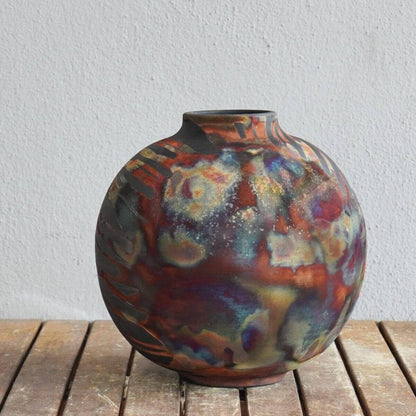 RAAQUU Large Globe Ceramic Vase Carbon Copper S/N0000426 11" Raku Pottery Unique Handmade ceramic pottery raku vases, urns, and home decor, sculptures, wall decor, gifts by Adil Ghani