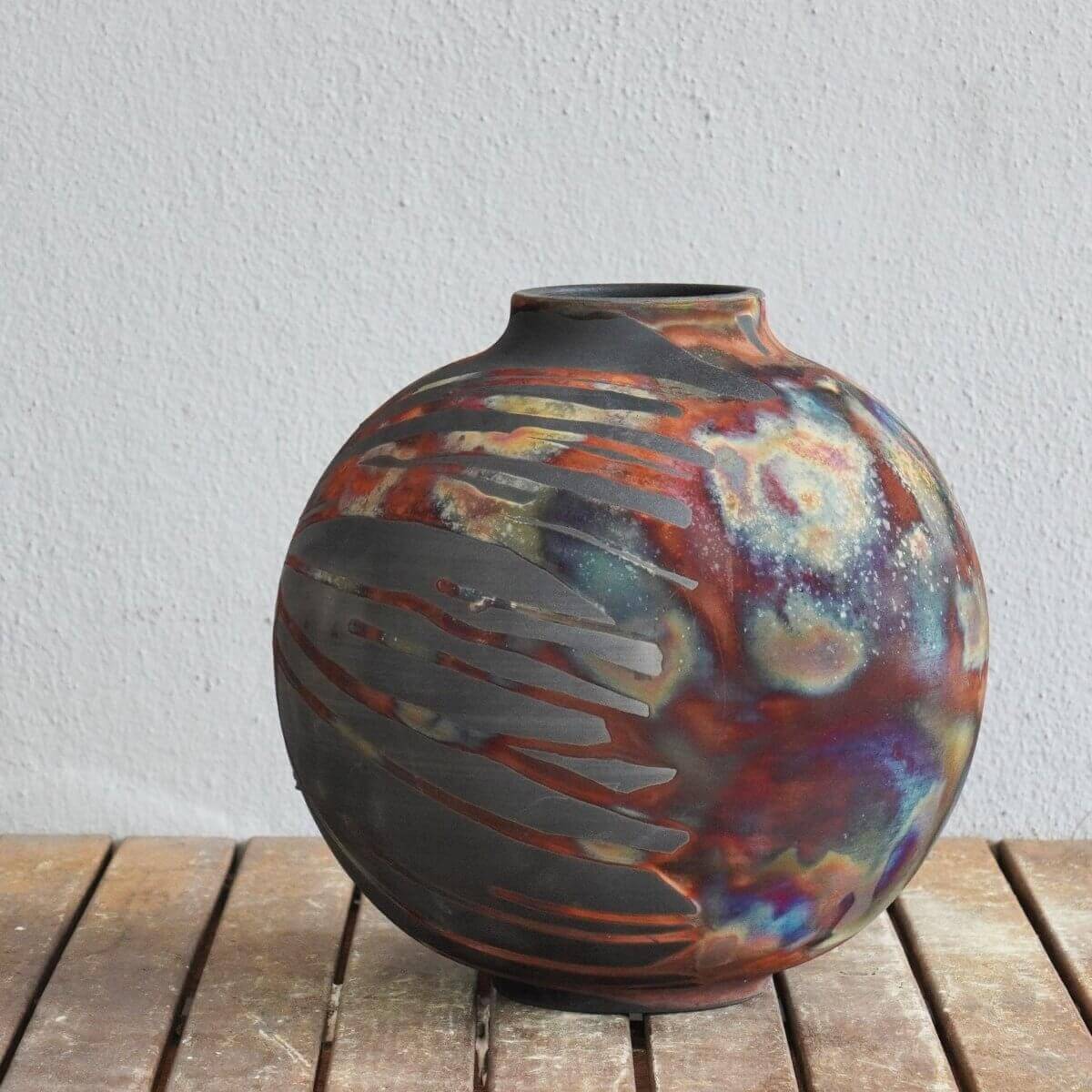 RAAQUU Large Globe Ceramic Vase Carbon Copper S/N0000426 11" Raku Pottery Unique Handmade ceramic pottery raku vases, urns, and home decor, sculptures, wall decor, gifts by Adil Ghani
