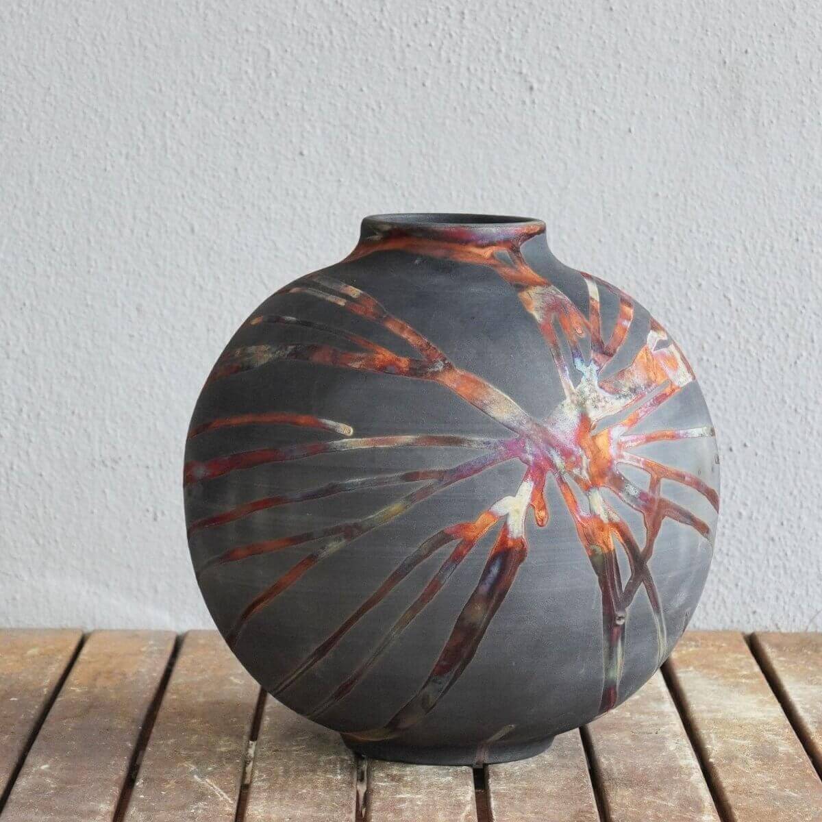 RAAQUU Large Globe Ceramic Vase Carbon Copper S/N0000426 11" Raku Pottery Unique Handmade ceramic pottery raku vases, urns, and home decor, sculptures, wall decor, gifts by Adil Ghani