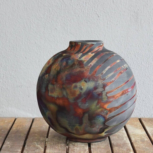 RAAQUU Large Globe Ceramic Vase Carbon Copper S/N0000426 11" Raku Pottery Unique Handmade ceramic pottery raku vases, urns, and home decor, sculptures, wall decor, gifts by Adil Ghani