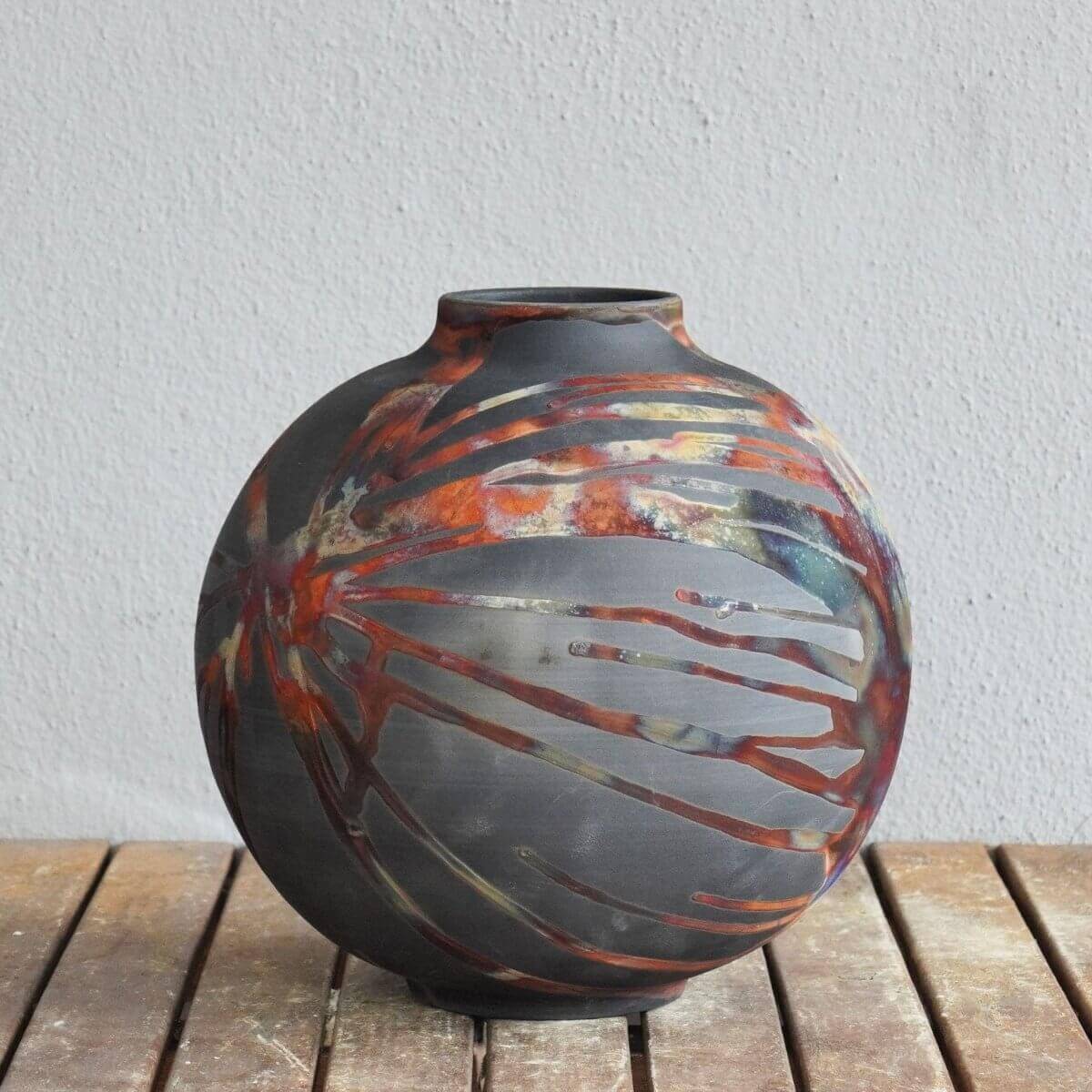 RAAQUU Large Globe Ceramic Vase Carbon Copper S/N0000426 11" Raku Pottery Unique Handmade ceramic pottery raku vases, urns, and home decor, sculptures, wall decor, gifts by Adil Ghani