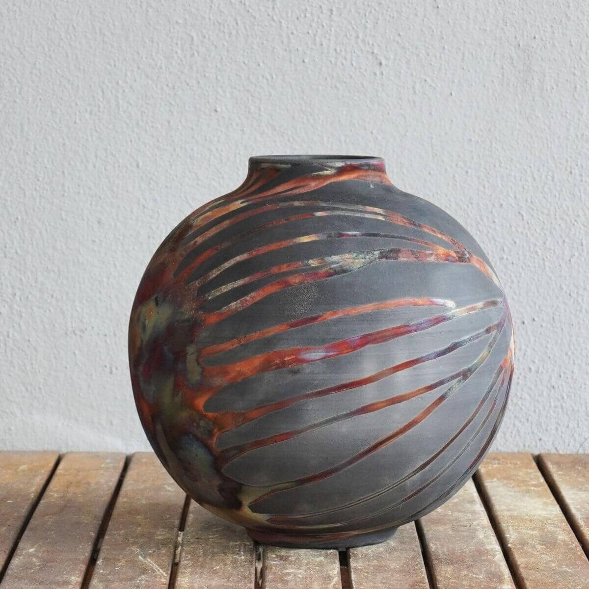 RAAQUU Large Globe Ceramic Vase Carbon Copper S/N0000426 11" Raku Pottery Unique Handmade ceramic pottery raku vases, urns, and home decor, sculptures, wall decor, gifts by Adil Ghani