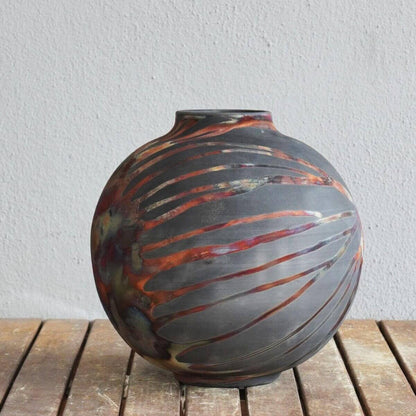 RAAQUU Large Globe Ceramic Vase Carbon Copper S/N0000426 11" Raku Pottery Unique Handmade ceramic pottery raku vases, urns, and home decor, sculptures, wall decor, gifts by Adil Ghani