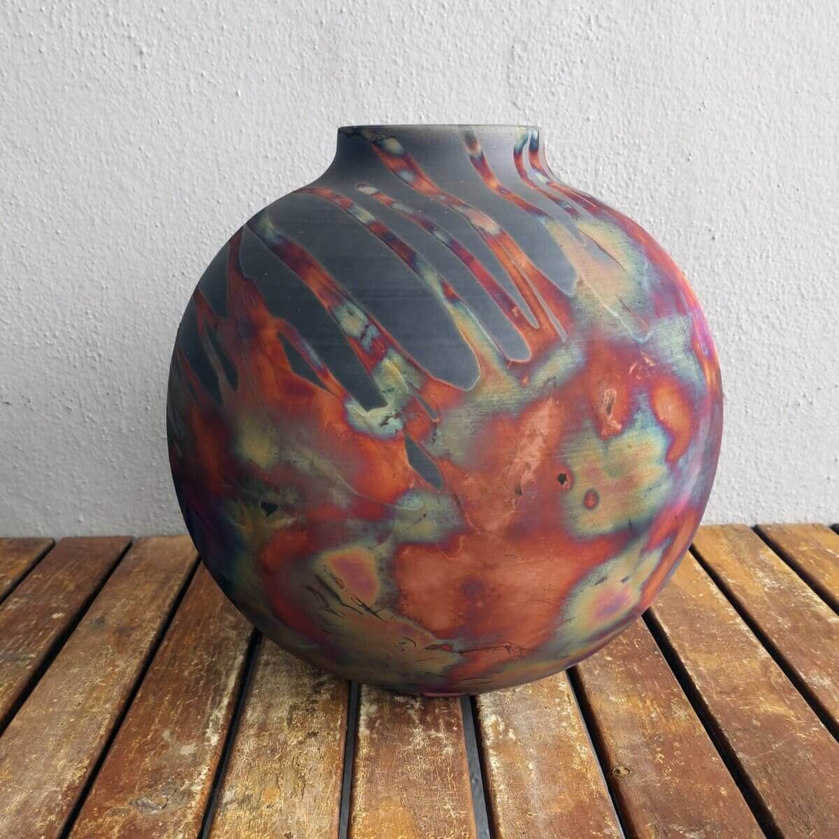 RAAQUU Large Globe Ceramic Vase Carbon Copper S/N0000578 11" Raku Pottery Unique Handmade ceramic pottery raku vases, urns, and home decor, sculptures, wall decor, gifts by Adil Ghani