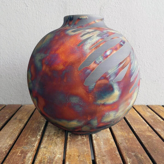 RAAQUU Large Globe Ceramic Vase Carbon Copper S/N0000578 11" Raku Pottery Unique Handmade ceramic pottery raku vases, urns, and home decor, sculptures, wall decor, gifts by Adil Ghani