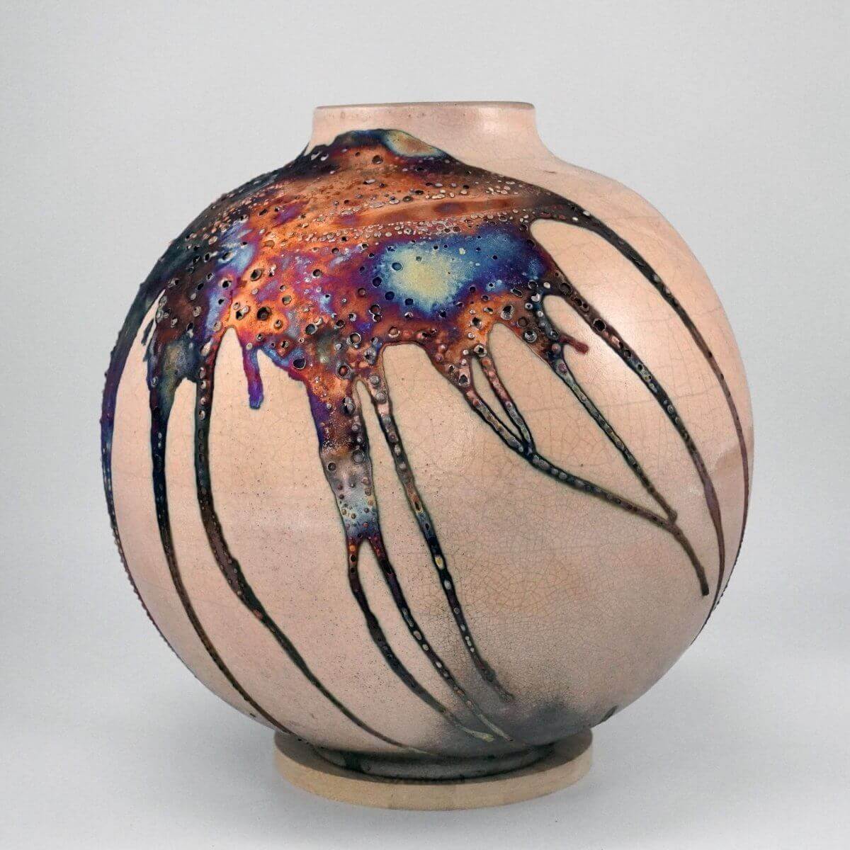 RAAQUU Large Globe Ceramic Vase Half Copper Matte S/N0000401 11" Raku Pottery Unique Handmade ceramic pottery raku vases, urns, and home decor, sculptures, wall decor, gifts by Adil Ghani