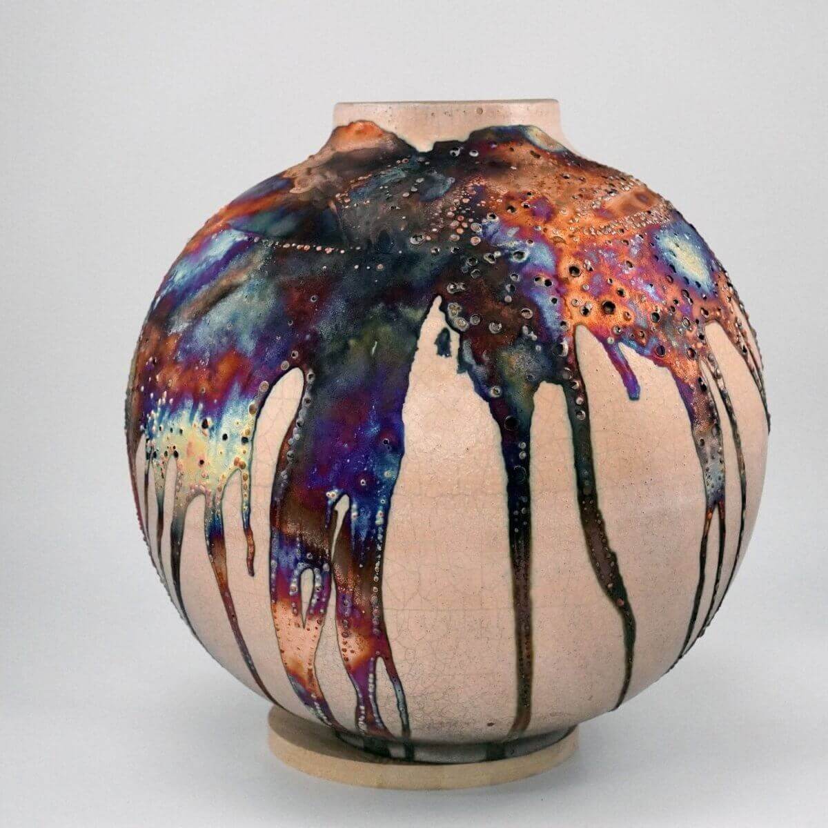 RAAQUU Large Globe Ceramic Vase Half Copper Matte S/N0000401 11" Raku Pottery Unique Handmade ceramic pottery raku vases, urns, and home decor, sculptures, wall decor, gifts by Adil Ghani