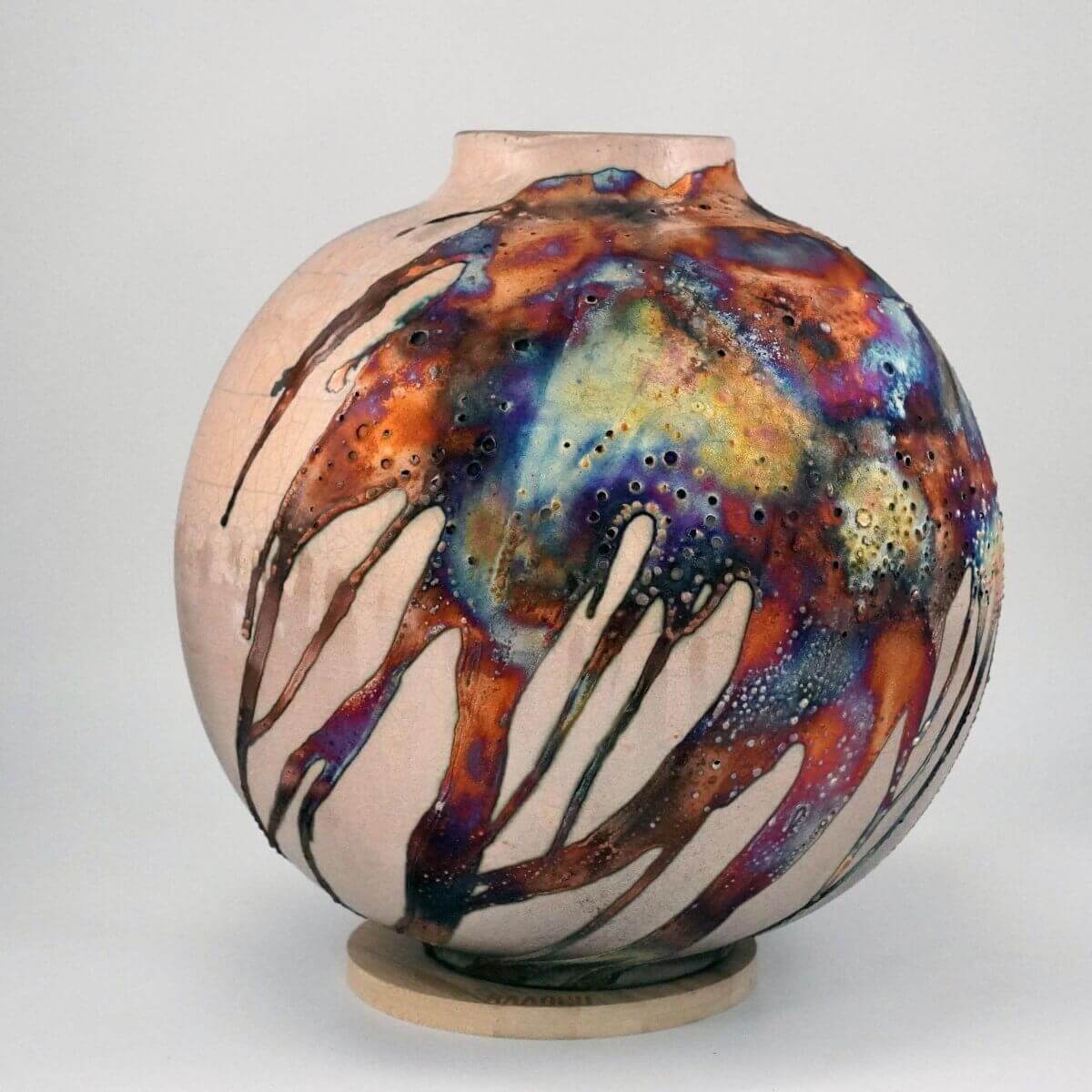 RAAQUU Large Globe Ceramic Vase Half Copper Matte S/N0000401 11" Raku Pottery Unique Handmade ceramic pottery raku vases, urns, and home decor, sculptures, wall decor, gifts by Adil Ghani