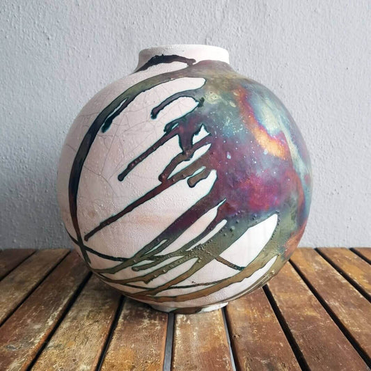 RAAQUU Large Globe Ceramic Vase Half Copper Matte S/N0000469 11" Raku Pottery Unique Handmade ceramic pottery raku vases, urns, and home decor, sculptures, wall decor, gifts by Adil Ghani