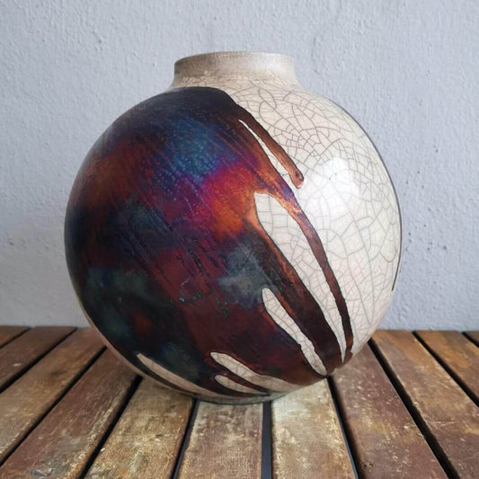 RAAQUU Large Globe Ceramic Vase Half Copper Matte S/N0000567 11" Raku Pottery Unique Handmade ceramic pottery raku vases, urns, and home decor, sculptures, wall decor, gifts by Adil Ghani