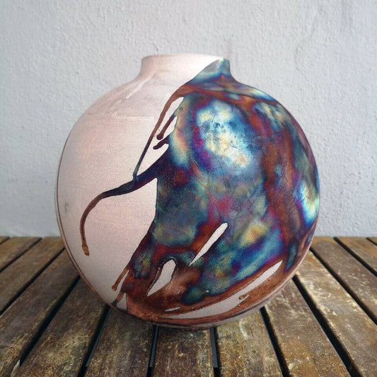 RAAQUU Large Globe Ceramic Vase Half Copper Matte S/N0000577 11" Raku Pottery Unique Handmade ceramic pottery raku vases, urns, and home decor, sculptures, wall decor, gifts by Adil Ghani