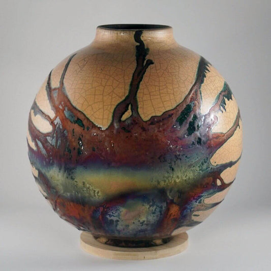 RAAQUU Large Globe Ceramic Vase Half Copper Matte S/N0000622 11" Raku Pottery - RAAQUU