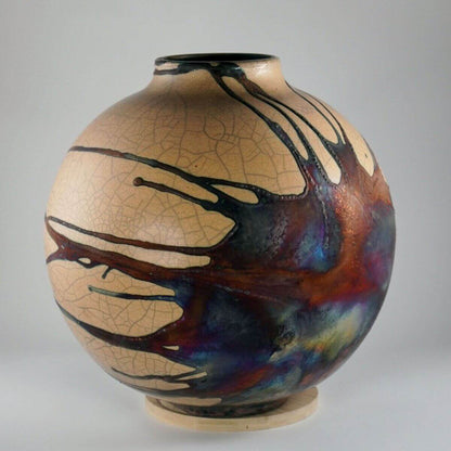 RAAQUU Large Globe Ceramic Vase Half Copper Matte S/N0000627 11" Raku Pottery - RAAQUU