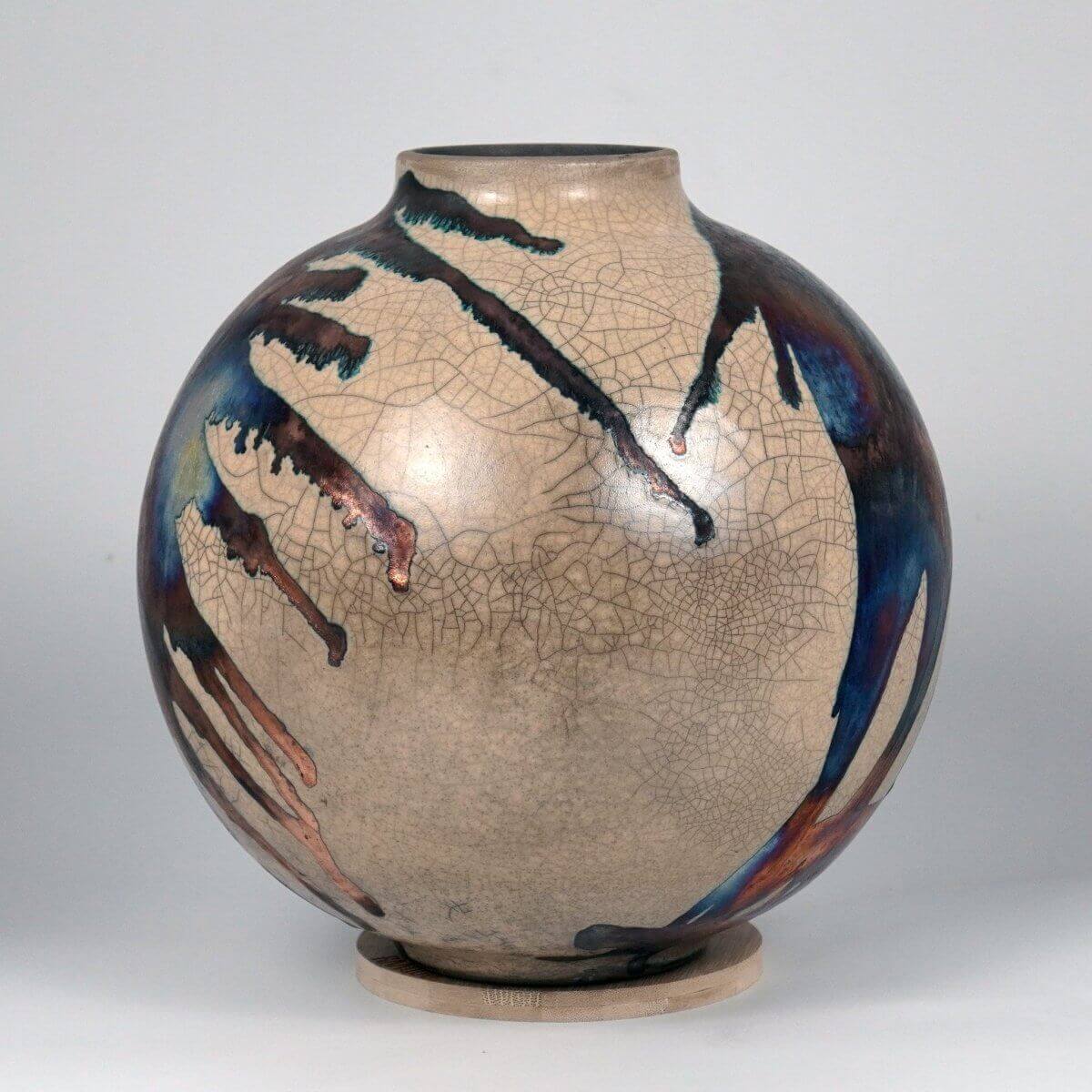 RAAQUU Large Globe Ceramic Vase Half Copper Matte S/N0000636 11" Raku Pottery - RAAQUU