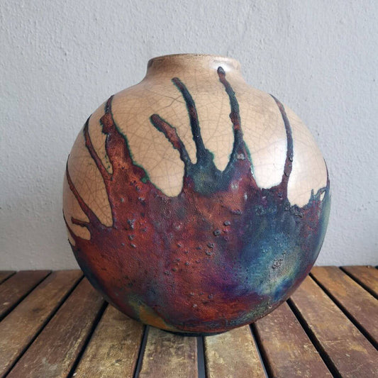 RAAQUU Large Globe Ceramic Vase Half Copper Matte S/N0000650 11" Raku Pottery Unique Handmade ceramic pottery raku vases, urns, and home decor, sculptures, wall decor, gifts by Adil Ghani
