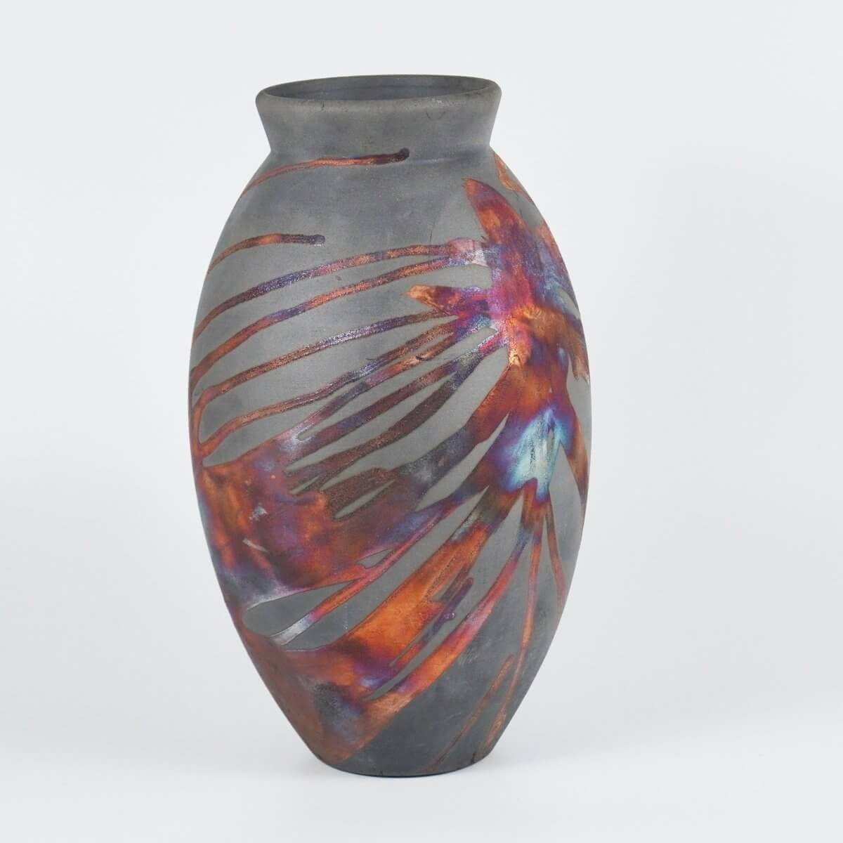 RAAQUU Large Oval Ceramic Vase Carbon Copper S/N0000735 13.5" Raku Pottery - RAAQUU