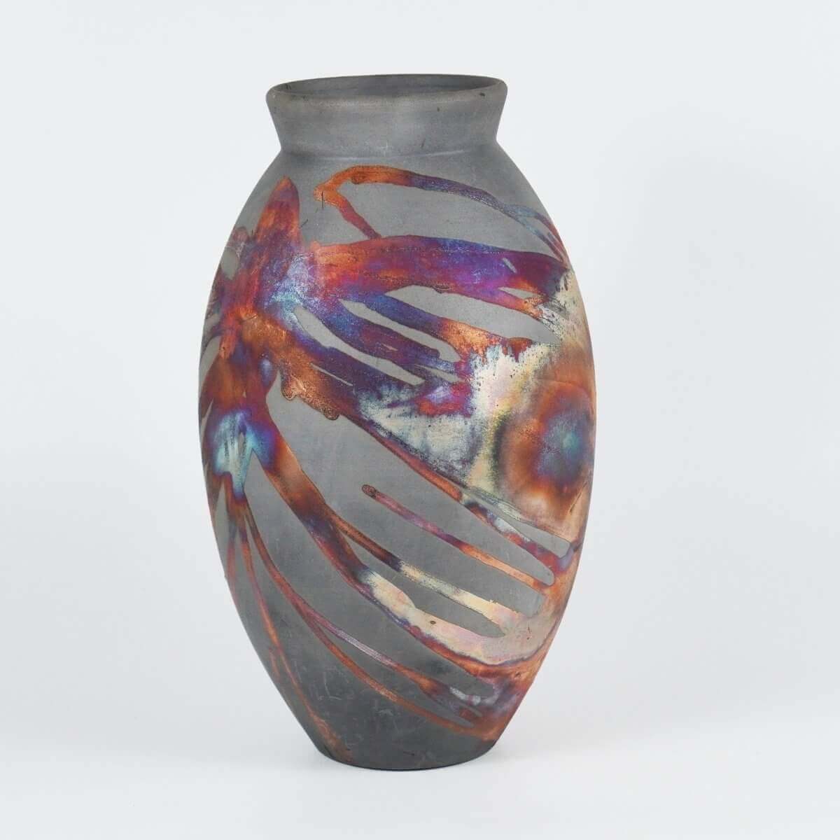 RAAQUU Large Oval Ceramic Vase Carbon Copper S/N0000735 13.5" Raku Pottery - RAAQUU