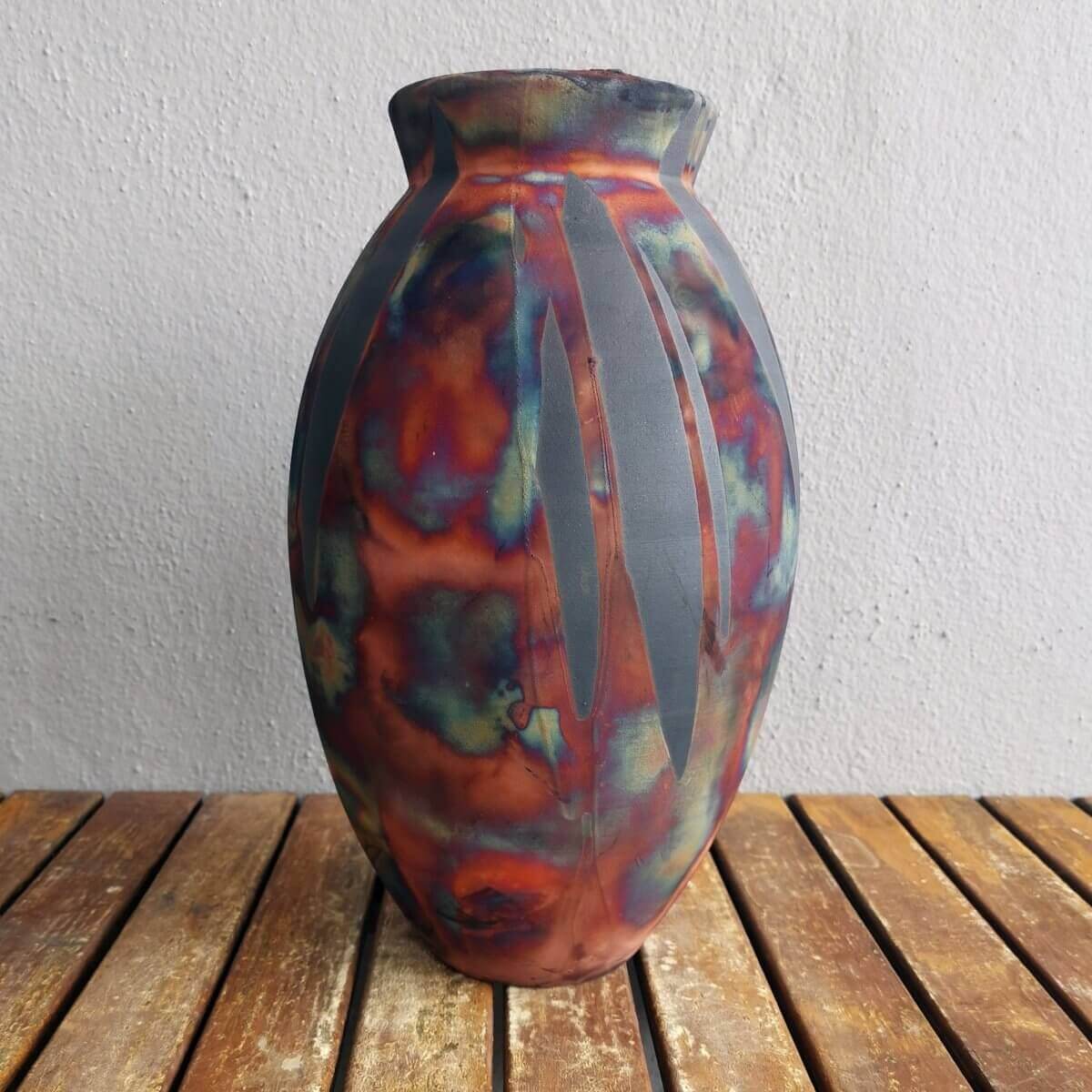 RAAQUU Large Oval Ceramic Vase Carbon Copper S/N0000535 13.5" Raku Pottery Unique Handmade ceramic pottery raku vases, urns, and home decor, sculptures, wall decor, gifts by Adil Ghani