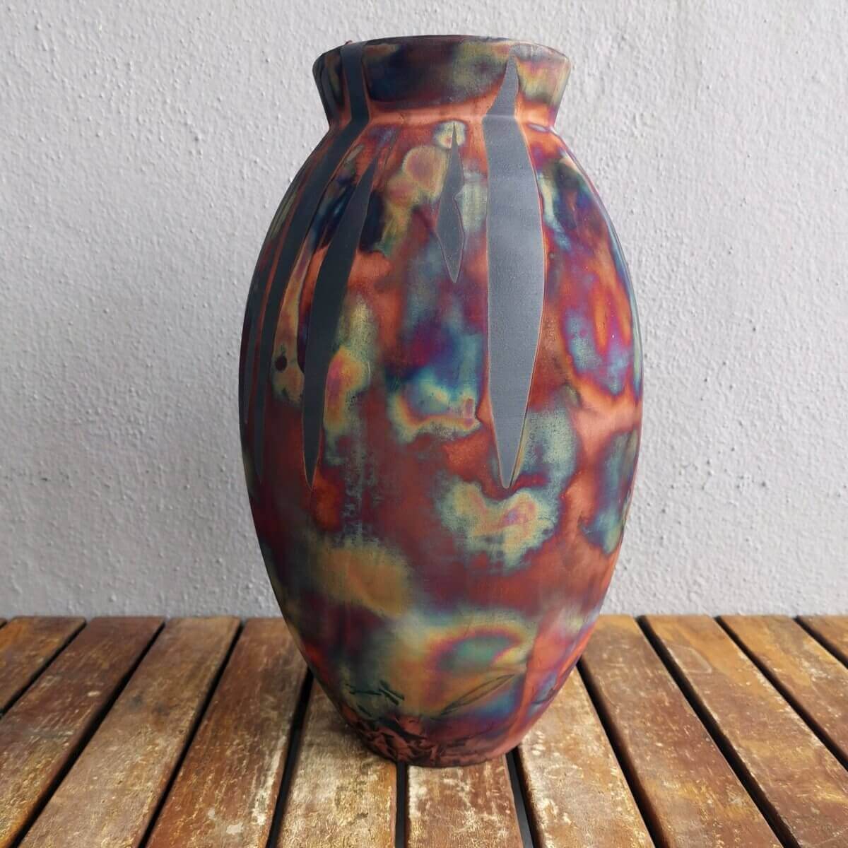 RAAQUU Large Oval Ceramic Vase Carbon Copper S/N0000535 13.5" Raku Pottery Unique Handmade ceramic pottery raku vases, urns, and home decor, sculptures, wall decor, gifts by Adil Ghani