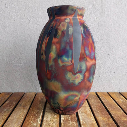RAAQUU Large Oval Ceramic Vase Carbon Copper S/N0000535 13.5" Raku Pottery Unique Handmade ceramic pottery raku vases, urns, and home decor, sculptures, wall decor, gifts by Adil Ghani