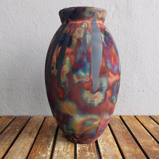 RAAQUU Large Oval Ceramic Vase Carbon Copper S/N0000535 13.5" Raku Pottery Unique Handmade ceramic pottery raku vases, urns, and home decor, sculptures, wall decor, gifts by Adil Ghani