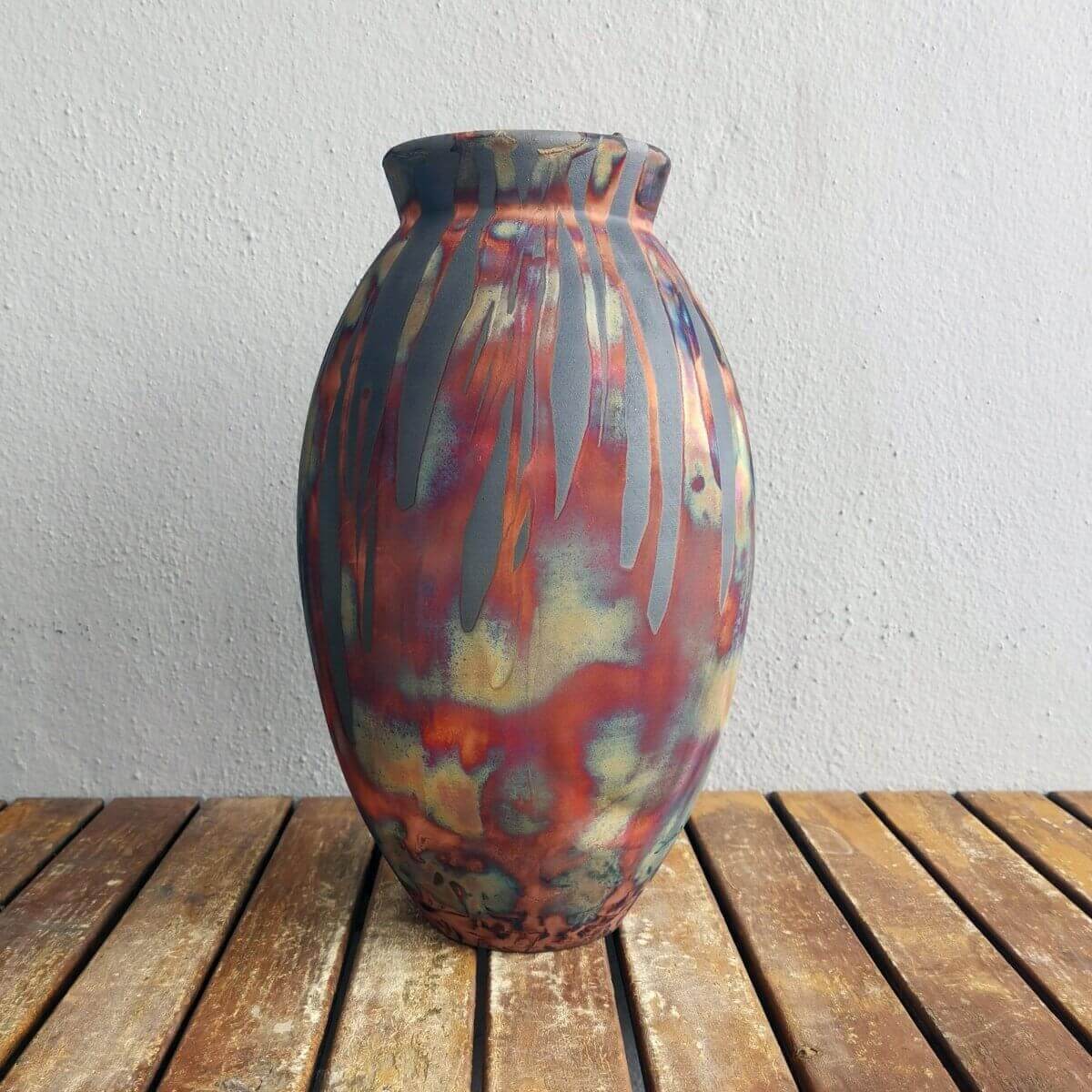 RAAQUU Large Oval Ceramic Vase Carbon Copper S/N0000535 13.5" Raku Pottery Unique Handmade ceramic pottery raku vases, urns, and home decor, sculptures, wall decor, gifts by Adil Ghani
