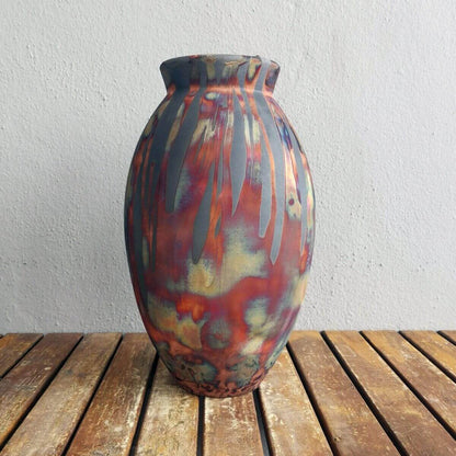 RAAQUU Large Oval Ceramic Vase Carbon Copper S/N0000535 13.5" Raku Pottery Unique Handmade ceramic pottery raku vases, urns, and home decor, sculptures, wall decor, gifts by Adil Ghani