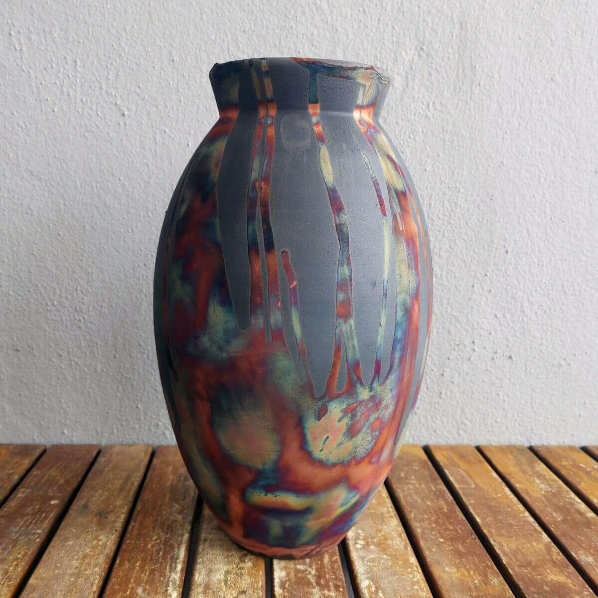 RAAQUU Large Oval Ceramic Vase Carbon Copper S/N0000535 13.5" Raku Pottery Unique Handmade ceramic pottery raku vases, urns, and home decor, sculptures, wall decor, gifts by Adil Ghani
