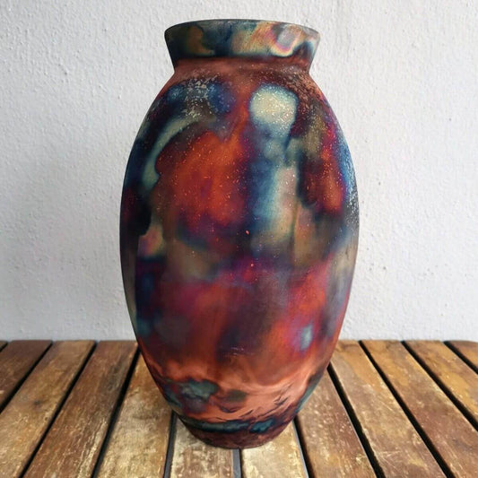 RAAQUU Large Oval Ceramic Vase Full Copper Matte S/N0000543 13.5" Raku Pottery Unique Handmade ceramic pottery raku vases, urns, and home decor, sculptures, wall decor, gifts by Adil Ghani