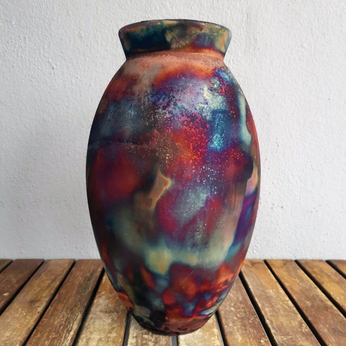 RAAQUU Large Oval Ceramic Vase Full Copper Matte S/N0000543 13.5" Raku Pottery Unique Handmade ceramic pottery raku vases, urns, and home decor, sculptures, wall decor, gifts by Adil Ghani