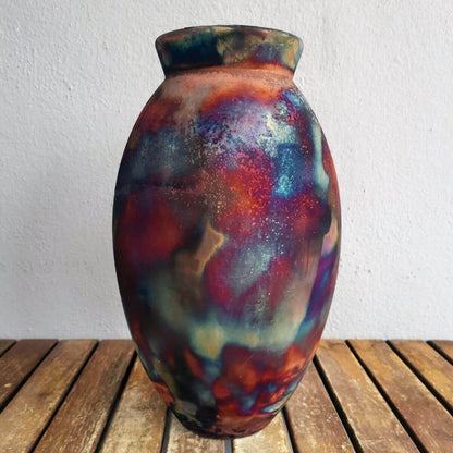 RAAQUU Large Oval Ceramic Vase Full Copper Matte S/N0000543 13.5" Raku Pottery Unique Handmade ceramic pottery raku vases, urns, and home decor, sculptures, wall decor, gifts by Adil Ghani
