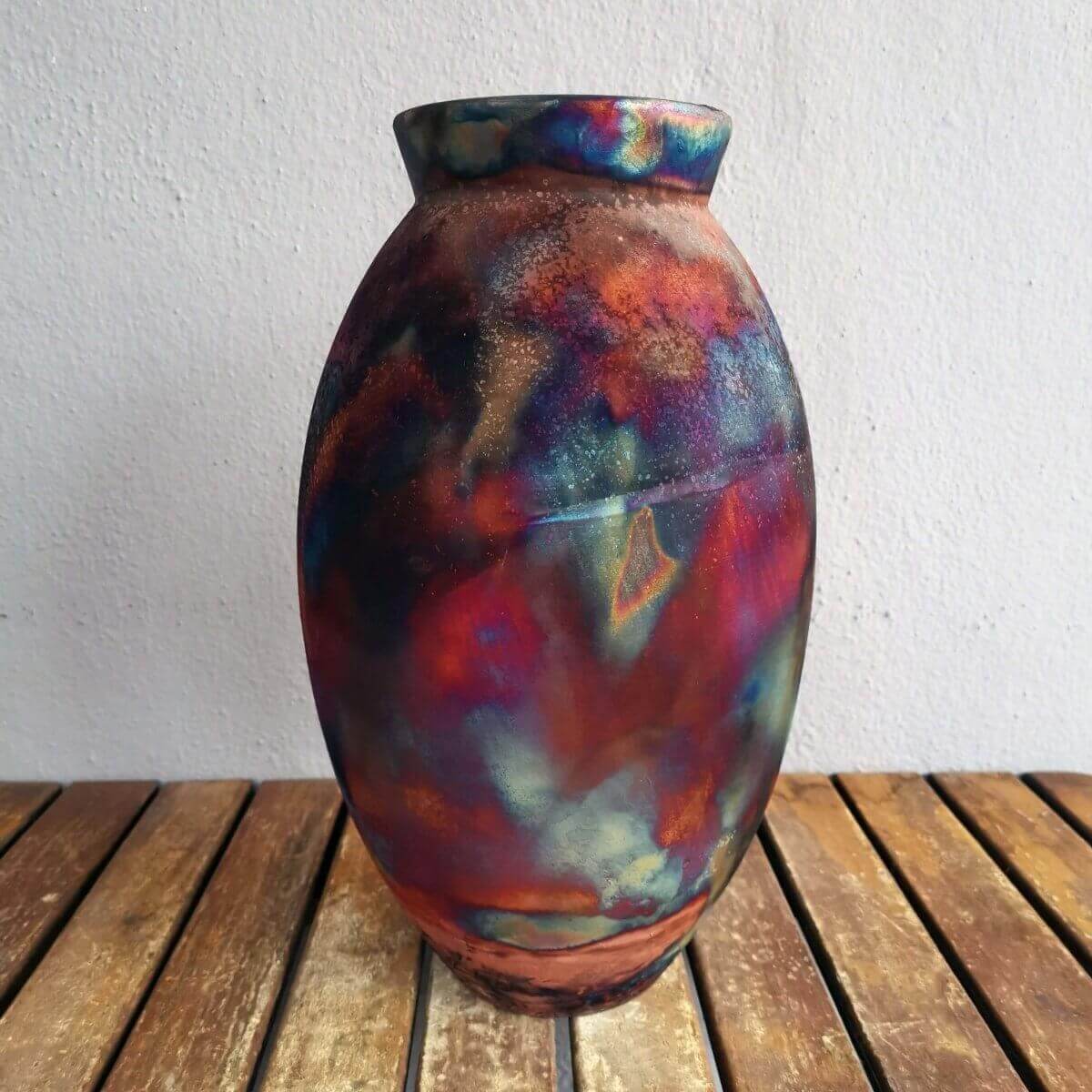 RAAQUU Large Oval Ceramic Vase Full Copper Matte S/N0000543 13.5" Raku Pottery Unique Handmade ceramic pottery raku vases, urns, and home decor, sculptures, wall decor, gifts by Adil Ghani