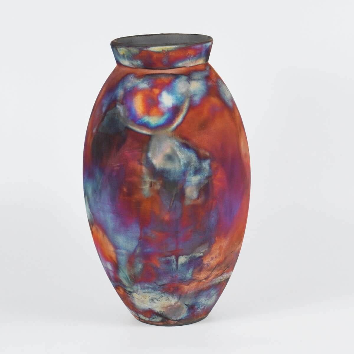 RAAQUU Large Oval Ceramic Vase Full Copper Matte S/N0000729 13.5" Raku Pottery Unique Handmade ceramic pottery raku vases, urns, and home decor, sculptures, wall decor, gifts by Adil Ghani