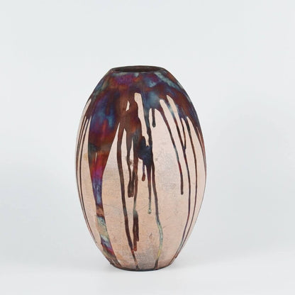 RAAQUU Large Oval Ceramic Vase Half Copper Matte S/N0000061 12" Raku Pottery - RAAQUU