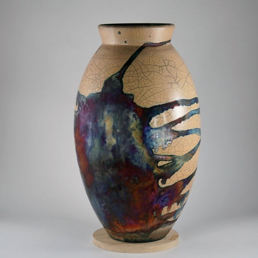 RAAQUU Large Oval Ceramic Vase Half Copper Matte S/N0000092 13.5" Raku Pottery - RAAQUU