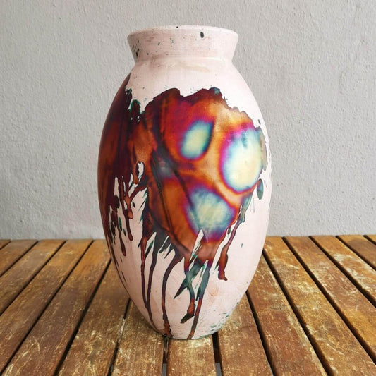 RAAQUU Large Oval Ceramic Vase Half Copper Matte S/N0000390 13.5" Raku Pottery Unique Handmade ceramic pottery raku vases, urns, and home decor, sculptures, wall decor, gifts by Adil Ghani