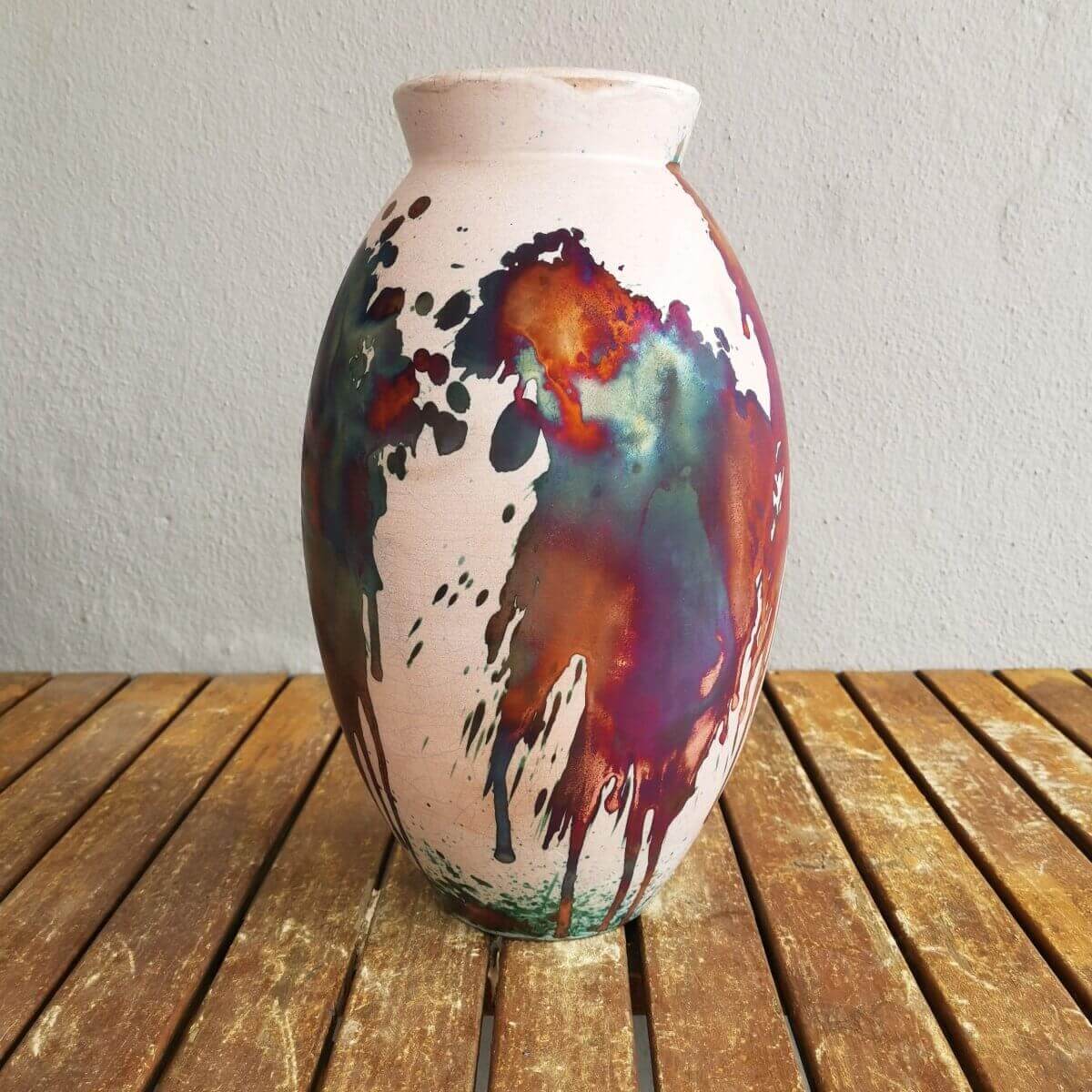 RAAQUU Large Oval Ceramic Vase Half Copper Matte S/N0000390 13.5" Raku Pottery Unique Handmade ceramic pottery raku vases, urns, and home decor, sculptures, wall decor, gifts by Adil Ghani
