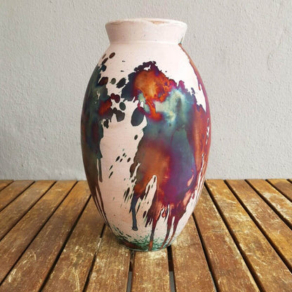 RAAQUU Large Oval Ceramic Vase Half Copper Matte S/N0000390 13.5" Raku Pottery Unique Handmade ceramic pottery raku vases, urns, and home decor, sculptures, wall decor, gifts by Adil Ghani