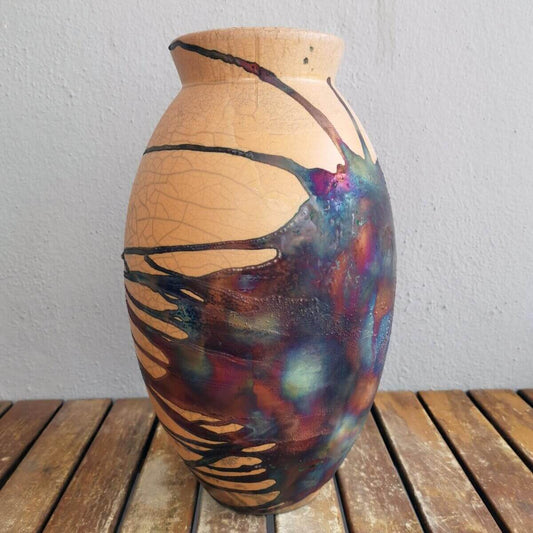 RAAQUU Large Oval Ceramic Vase Half Copper Matte S/N0000490 13.5" Raku Pottery Unique Handmade ceramic pottery raku vases, urns, and home decor, sculptures, wall decor, gifts by Adil Ghani