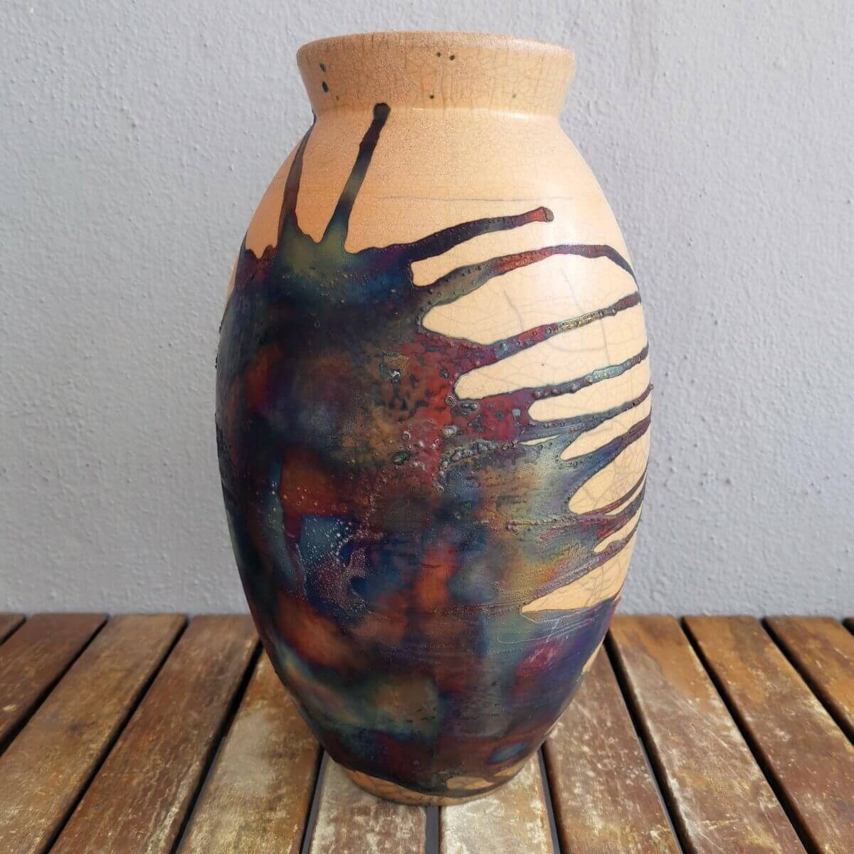 RAAQUU Large Oval Ceramic Vase Half Copper Matte S/N0000490 13.5" Raku Pottery Unique Handmade ceramic pottery raku vases, urns, and home decor, sculptures, wall decor, gifts by Adil Ghani